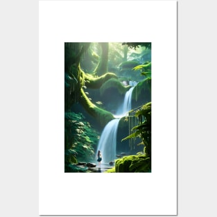 Beautiful Girl Chilling in Waterfalls in a Forest Posters and Art